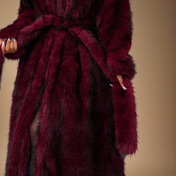 Burgundy Casual Women's Long Fluffy Faux Fur Coat - Picture 3 of 8